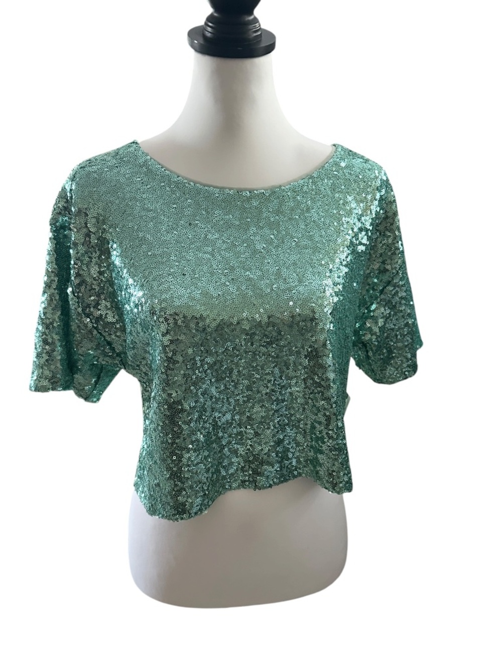 NWT Anthropologie Blue/Green Turquoise Sequin Short Sleeve Crop Top SMALL